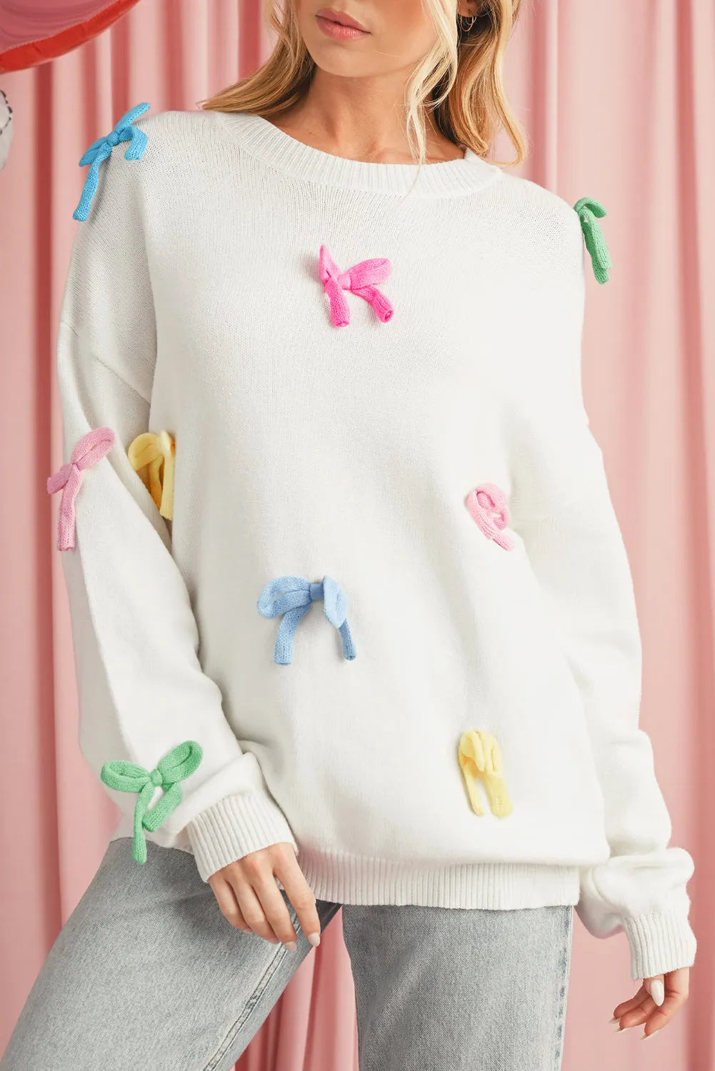 🎀 Beige Colorful Bowknot Crewneck Knit Sweater: For When You Want to Look Like You’ve Got Your Sh*t Together, But You’re Actually Just Trying to Look Cute 🎀