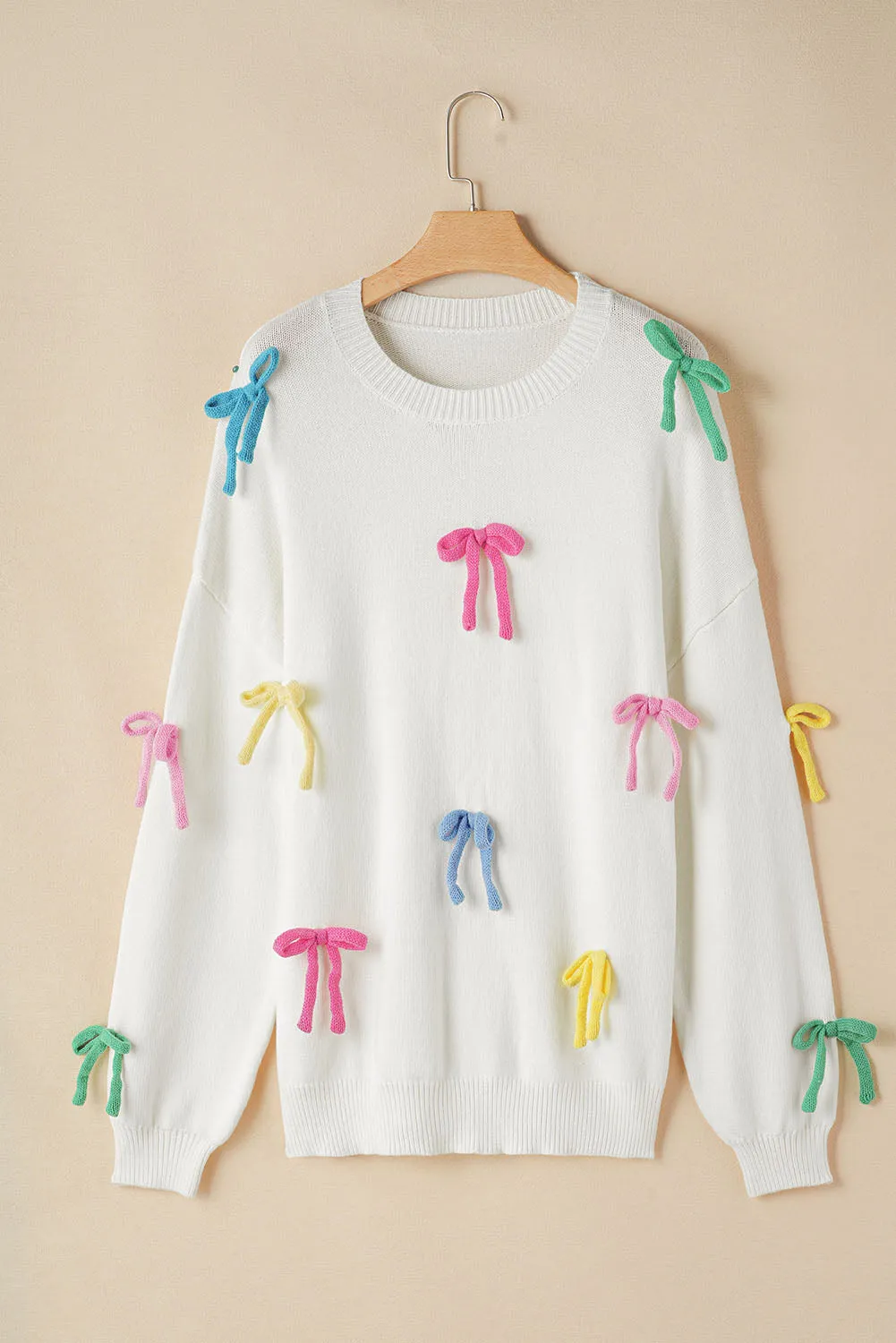 🎀 Beige Colorful Bowknot Crewneck Knit Sweater: For When You Want to Look Like You’ve Got Your Sh*t Together, But You’re Actually Just Trying to Look Cute 🎀
