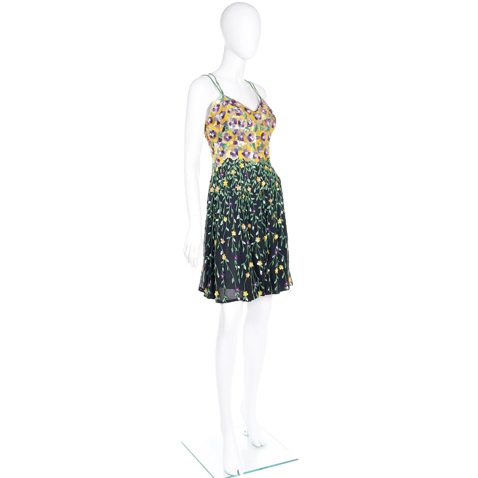 1990s Naeem Khan Riazee Boutique Beaded Sequin Floral Mini Dress