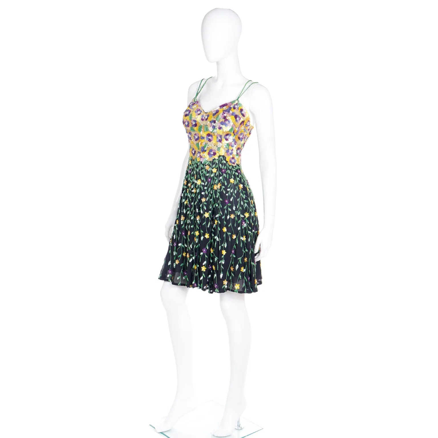 1990s Naeem Khan Riazee Boutique Beaded Sequin Floral Mini Dress