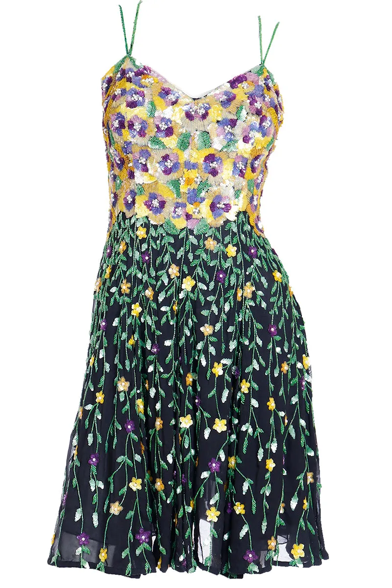 1990s Naeem Khan Riazee Boutique Beaded Sequin Floral Mini Dress