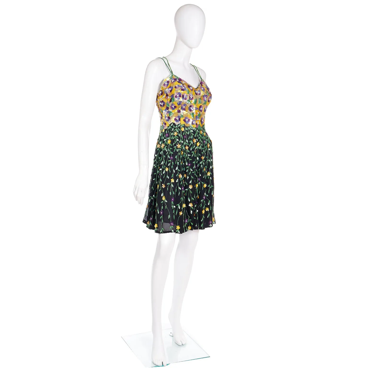 1990s Naeem Khan Riazee Boutique Beaded Sequin Floral Mini Dress
