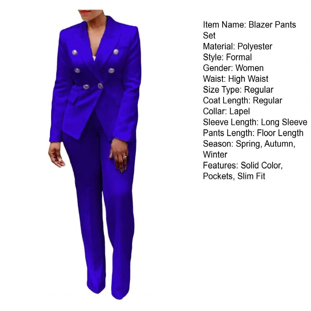 2Pcs/Set Chic Straight Office Blazer Pants Set Double Breasted Formal Pure Color Lapel Lady Blazer Trousers Suit Workwear