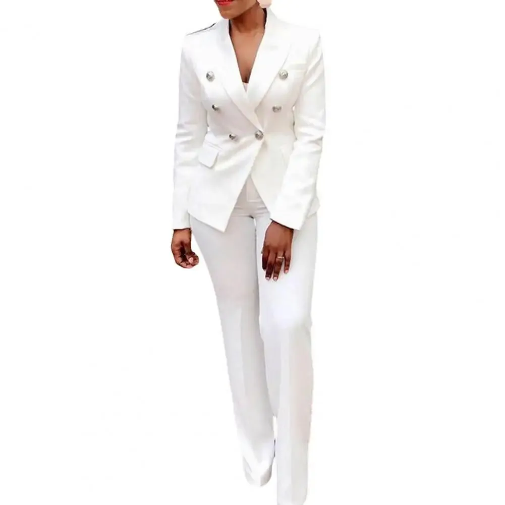 2Pcs/Set Chic Straight Office Blazer Pants Set Double Breasted Formal Pure Color Lapel Lady Blazer Trousers Suit Workwear