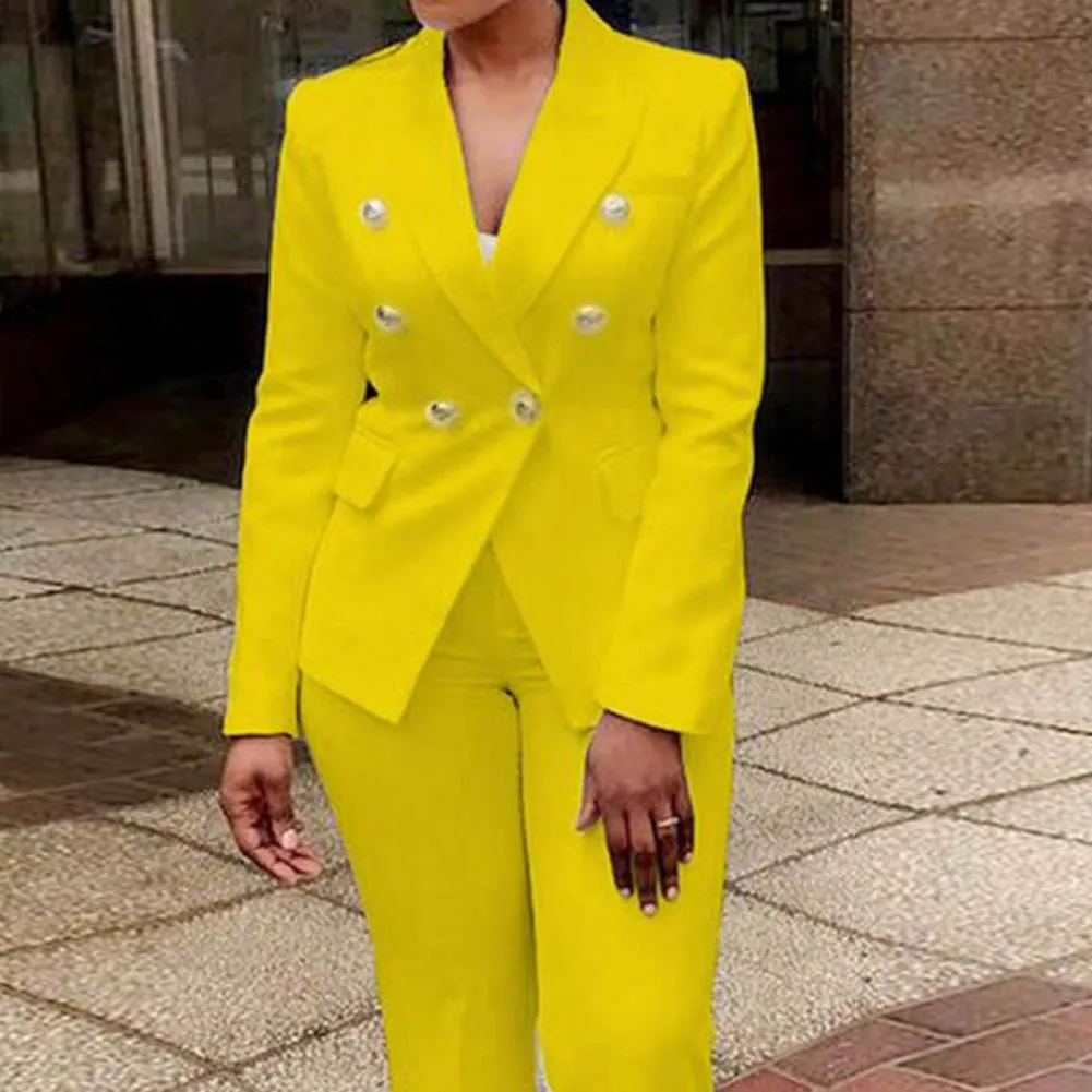 2Pcs/Set Chic Straight Office Blazer Pants Set Double Breasted Formal Pure Color Lapel Lady Blazer Trousers Suit Workwear