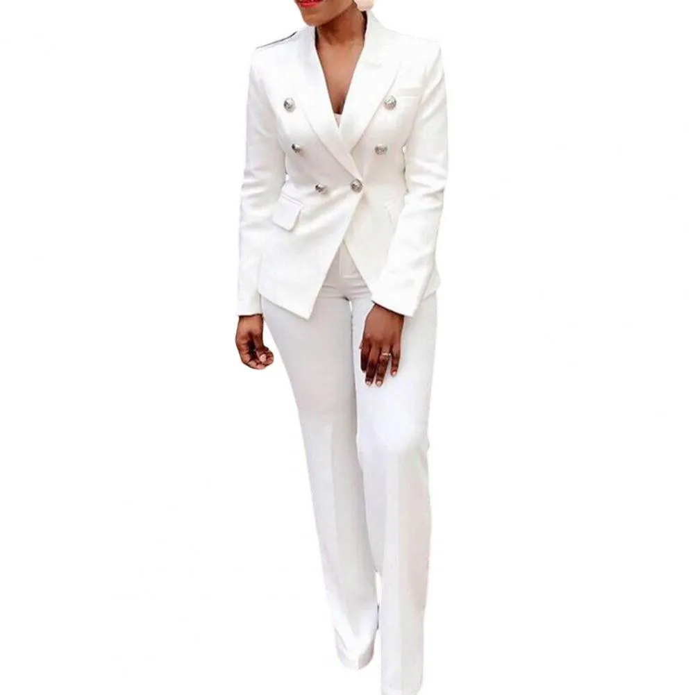 2Pcs/Set Chic Straight Office Blazer Pants Set Double Breasted Formal Pure Color Lapel Lady Blazer Trousers Suit Workwear