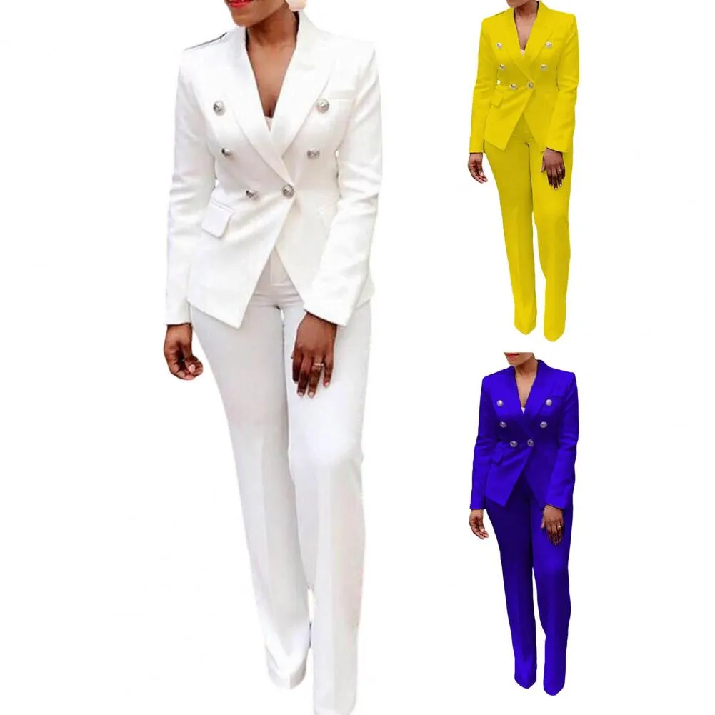 2Pcs/Set Chic Straight Office Blazer Pants Set Double Breasted Formal Pure Color Lapel Lady Blazer Trousers Suit Workwear