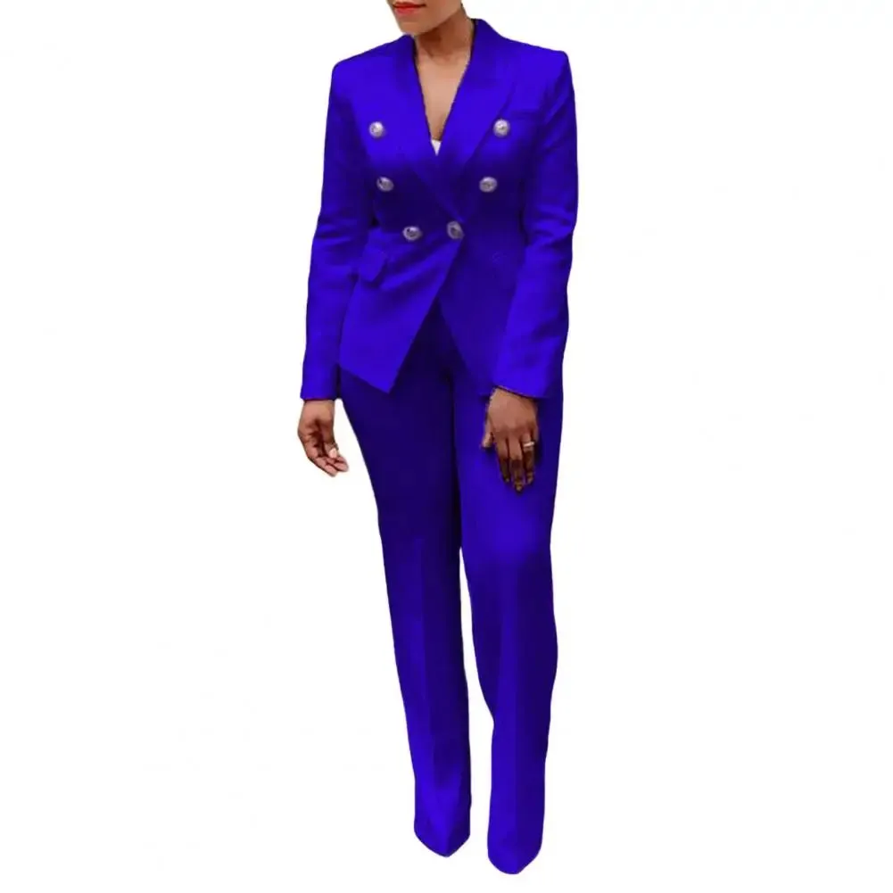 2Pcs/Set Chic Straight Office Blazer Pants Set Double Breasted Formal Pure Color Lapel Lady Blazer Trousers Suit Workwear