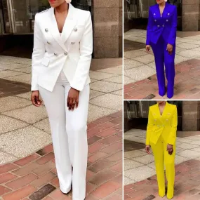 2Pcs/Set Chic Straight Office Blazer Pants Set Double Breasted Formal Pure Color Lapel Lady Blazer Trousers Suit Workwear