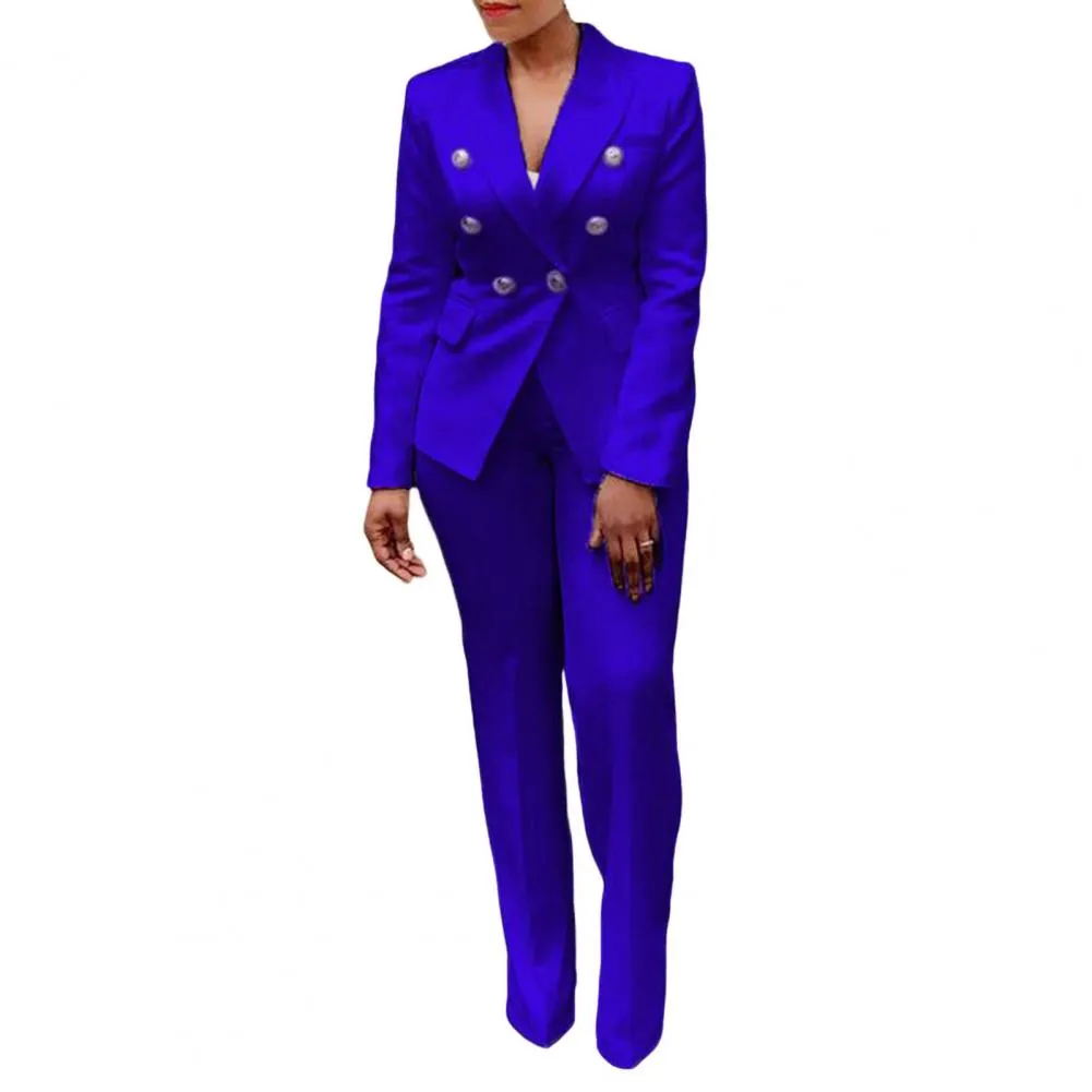 2Pcs/Set Chic Straight Office Blazer Pants Set Double Breasted Formal Pure Color Lapel Lady Blazer Trousers Suit Workwear