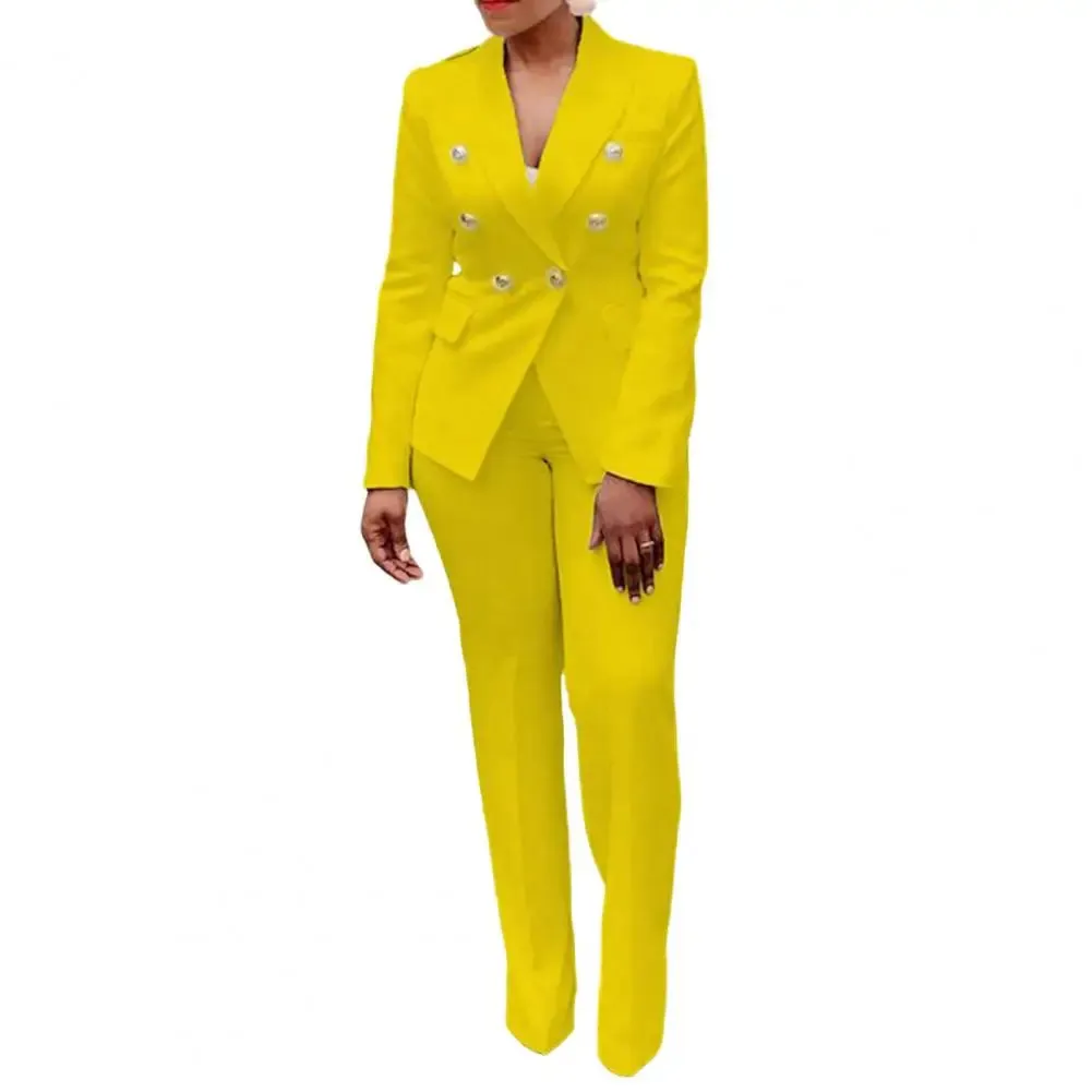 2Pcs/Set Chic Straight Office Blazer Pants Set Double Breasted Formal Pure Color Lapel Lady Blazer Trousers Suit Workwear