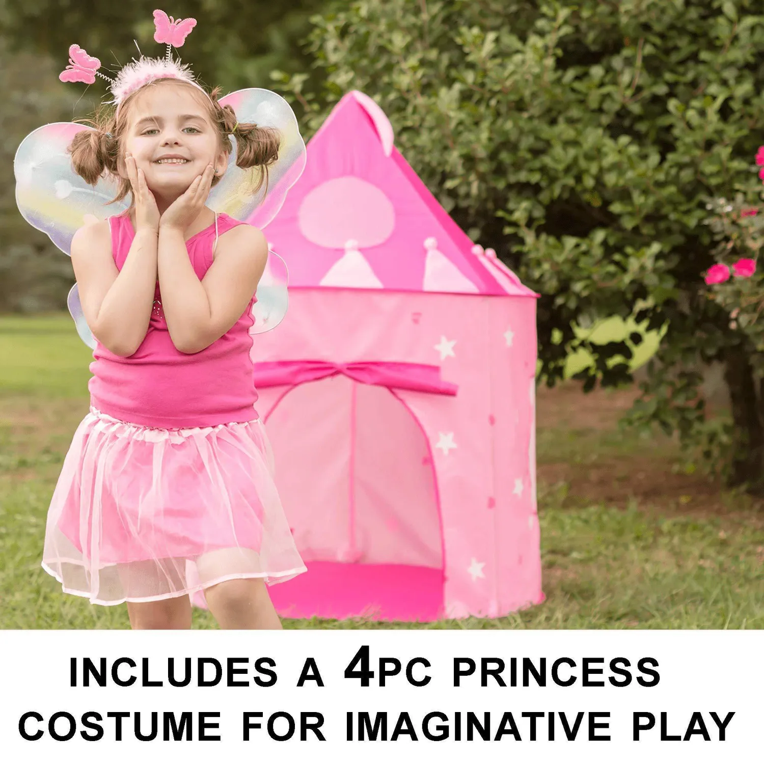 5-Piece Princess Castle Girls Play Tent w/ Glow in The Dark Stars &amp; Butterfly Fairy Dress Up Costume - Childrens Play Tents for Indoor &amp; Outdoor Use with Pink Girls Playhouse Fairy
