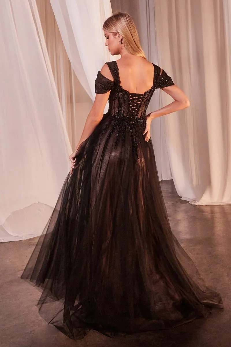 ALEDA Lace Applique Off Shoulder Tulle A LIne Formal Dress