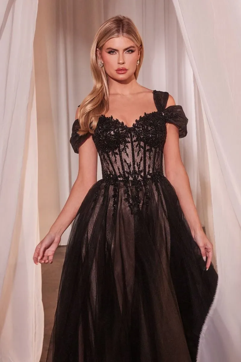 ALEDA Lace Applique Off Shoulder Tulle A LIne Formal Dress