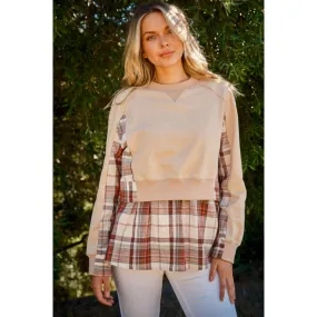 And The Why Full Size Double Layered Plaid Contrast Sweatshirt