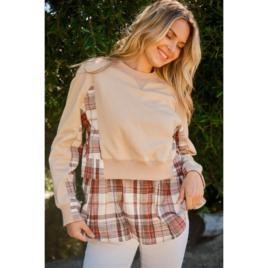And The Why Full Size Double Layered Plaid Contrast Sweatshirt