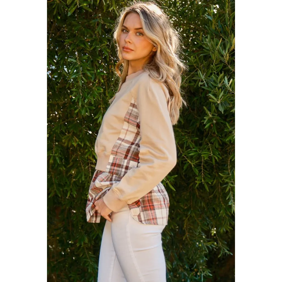 And The Why Full Size Double Layered Plaid Contrast Sweatshirt