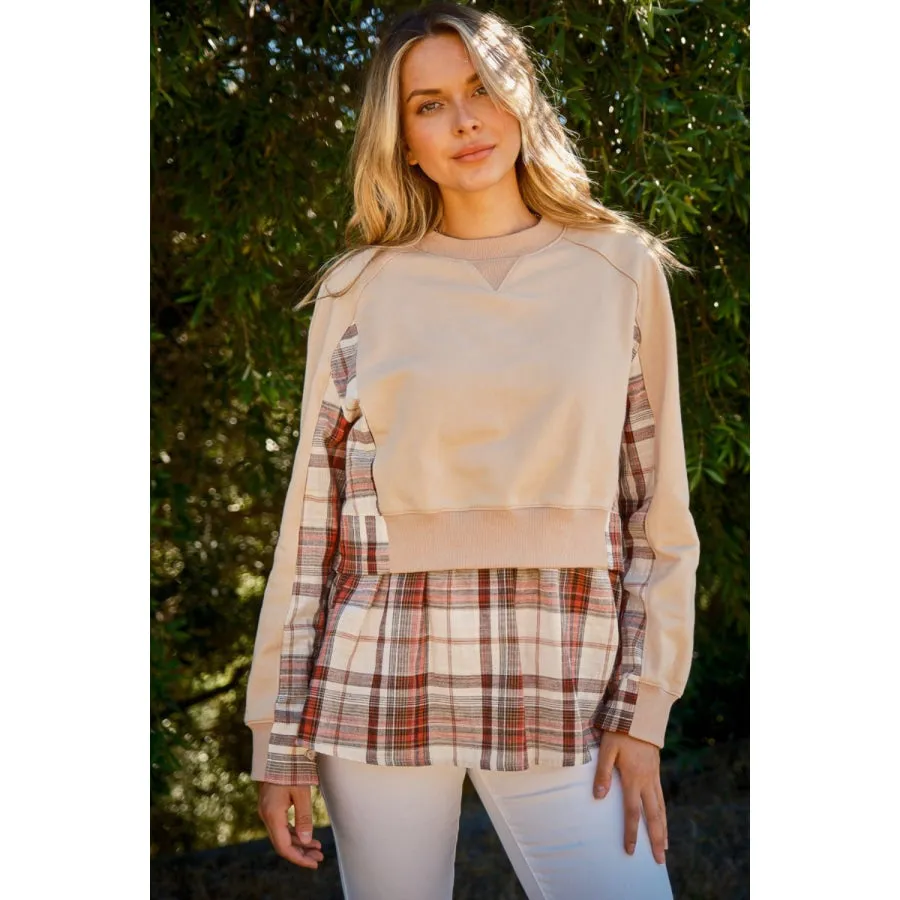 And The Why Full Size Double Layered Plaid Contrast Sweatshirt