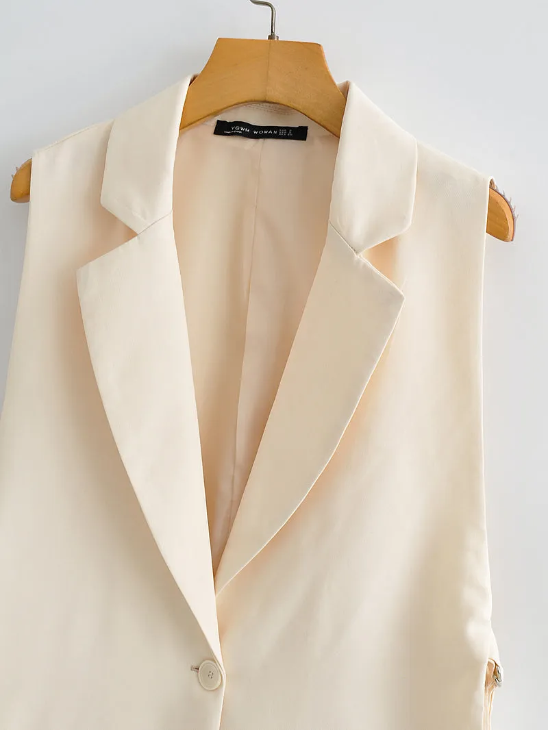 Autumn Solid Color Tied Decorative Split Single Button Vest Blazer Vest