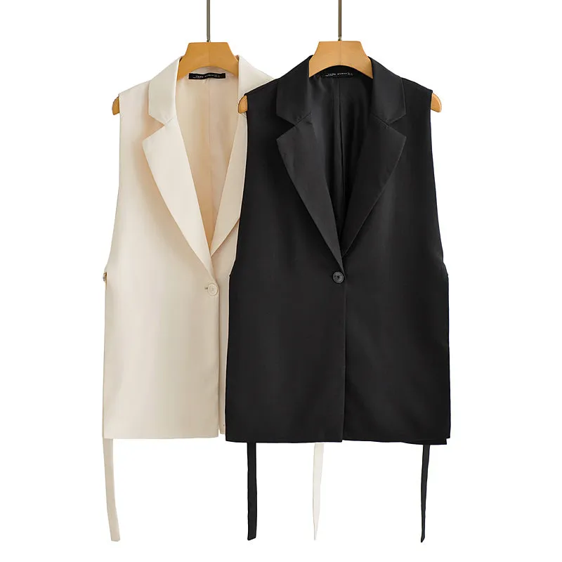 Autumn Solid Color Tied Decorative Split Single Button Vest Blazer Vest