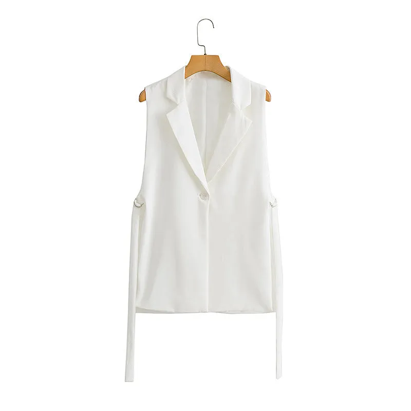 Autumn Solid Color Tied Decorative Split Single Button Vest Blazer Vest