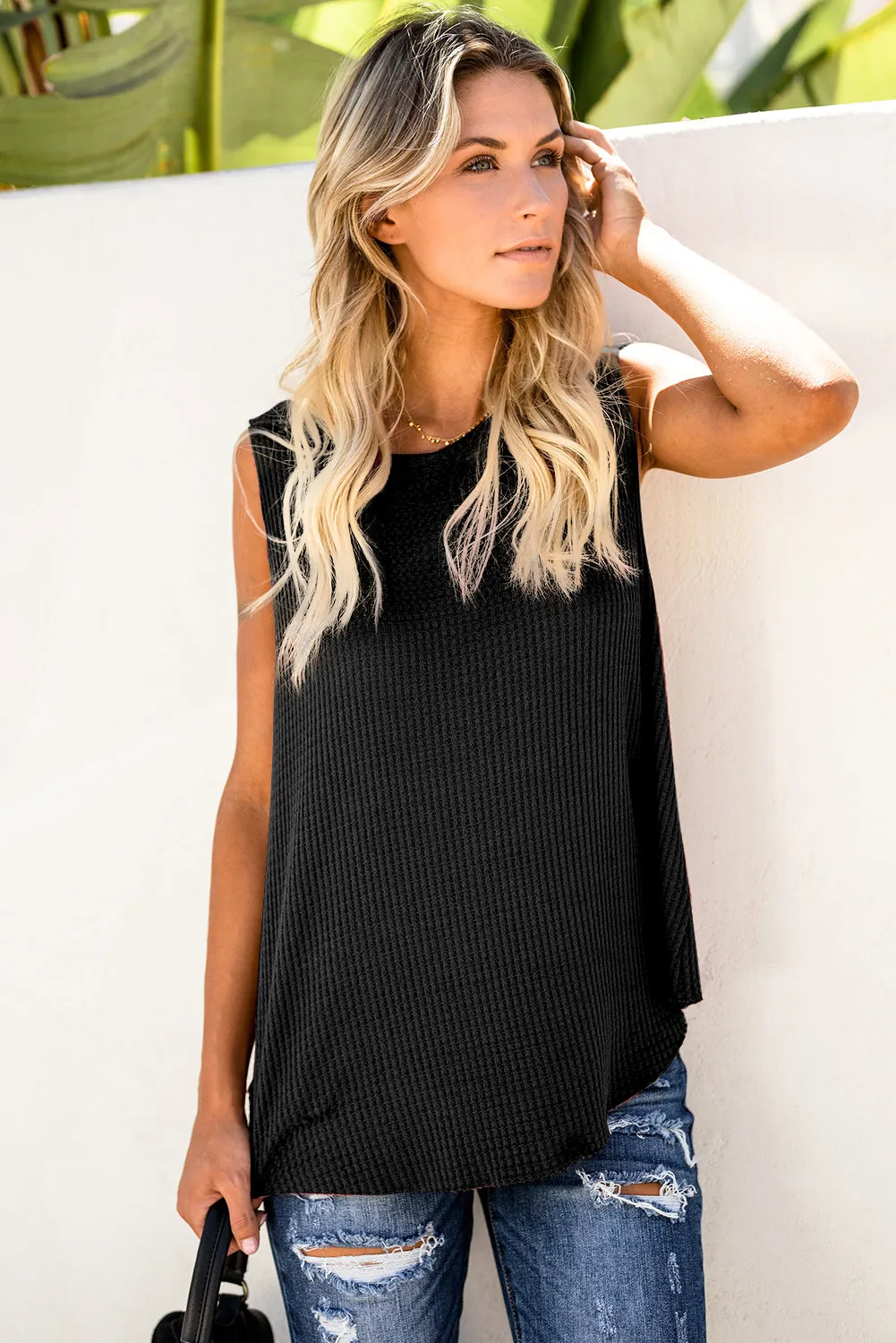 Black Crew Neck Waffle Tank Top