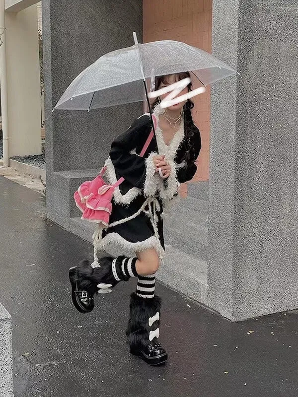 Black furry bones y2k garter leg warmers