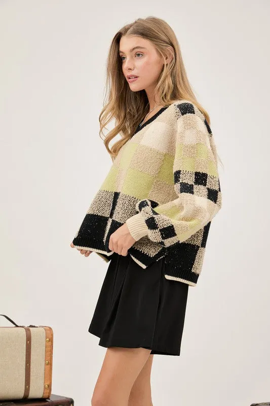 Black V Neck Plaid Cropped Sweater