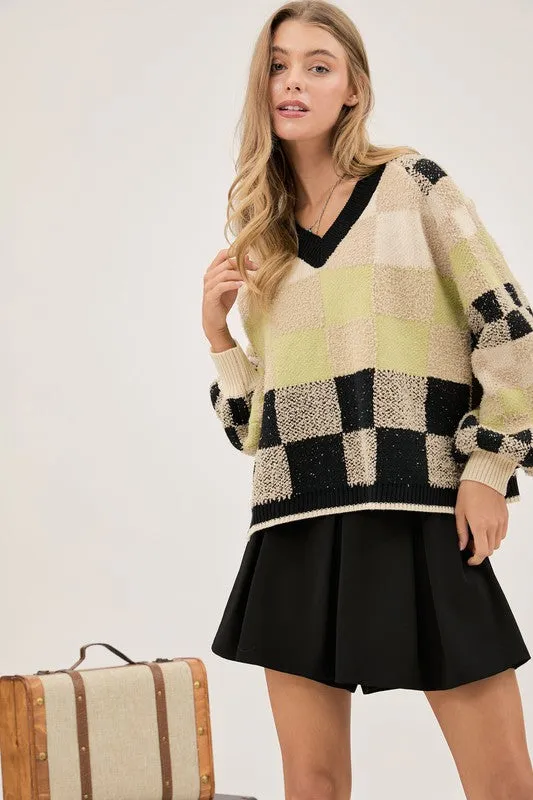 Black V Neck Plaid Cropped Sweater