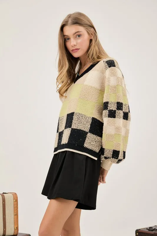 Black V Neck Plaid Cropped Sweater