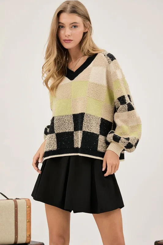 Black V Neck Plaid Cropped Sweater