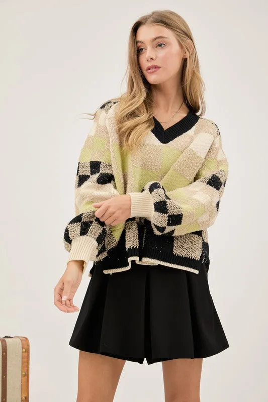 Black V Neck Plaid Cropped Sweater