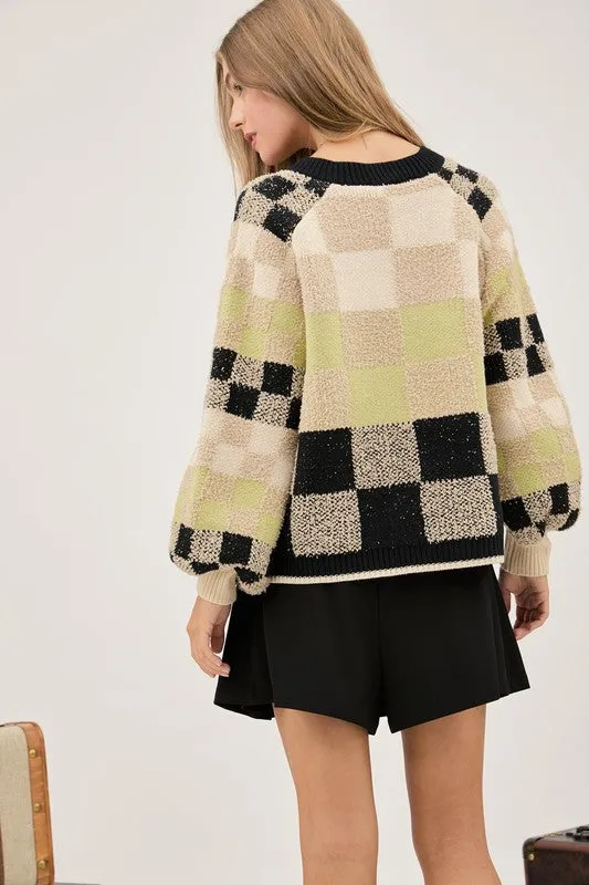 Black V Neck Plaid Cropped Sweater