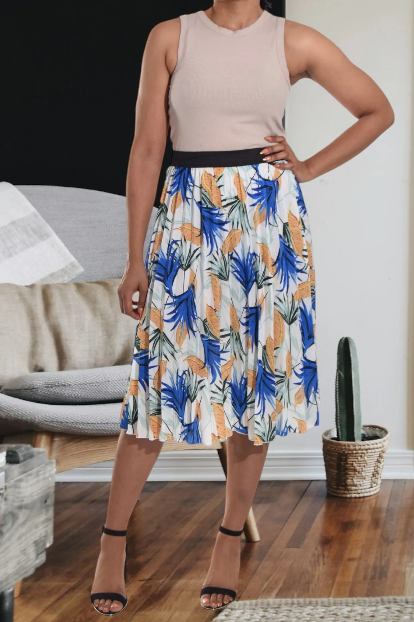 Blue Floral Pleated Skirt