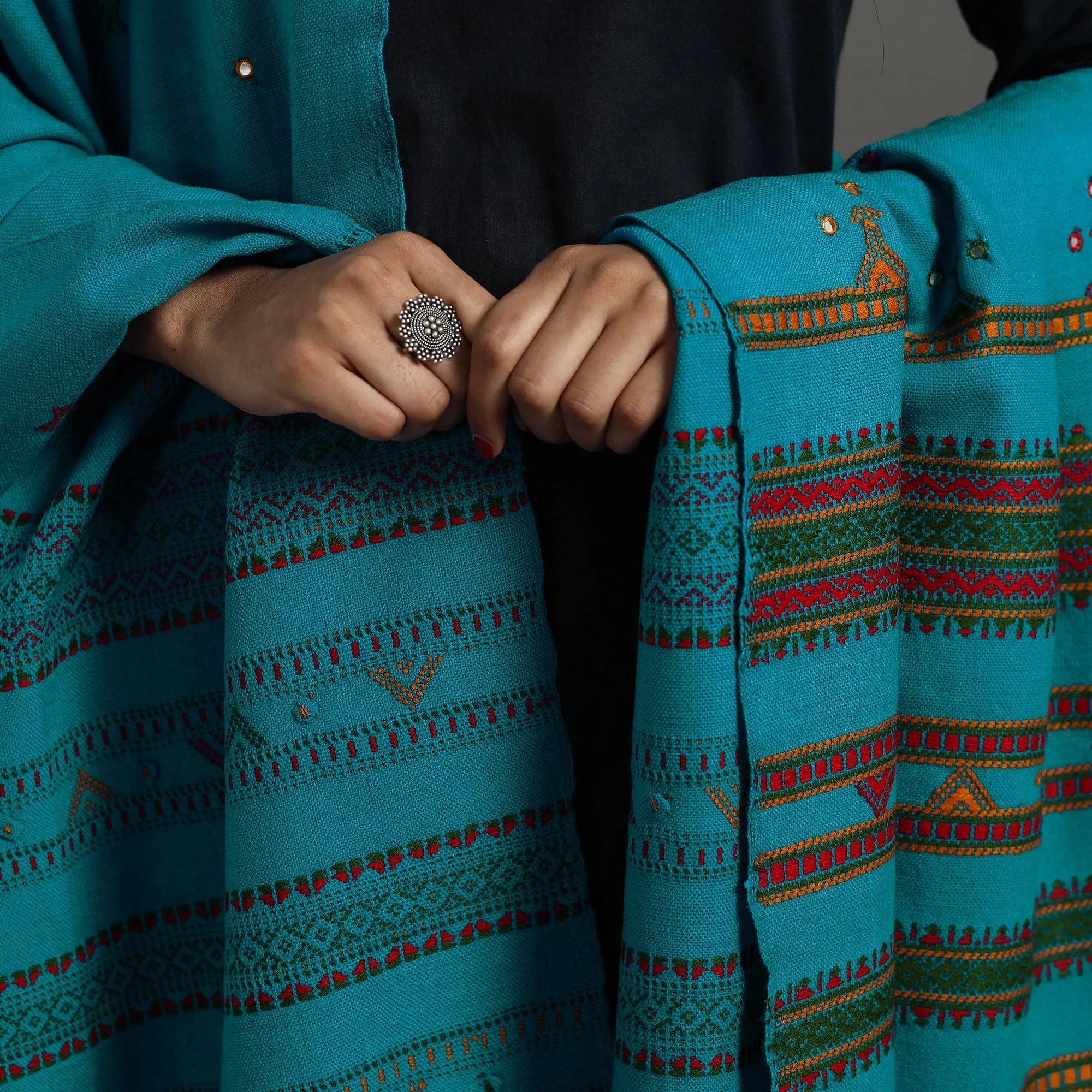 Blue - Kutch Handwoven Mirror Work Woollen Shawl 88