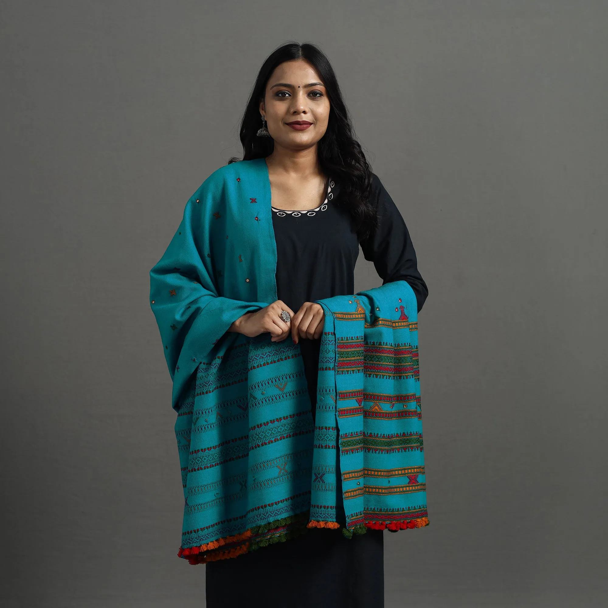Blue - Kutch Handwoven Mirror Work Woollen Shawl 88