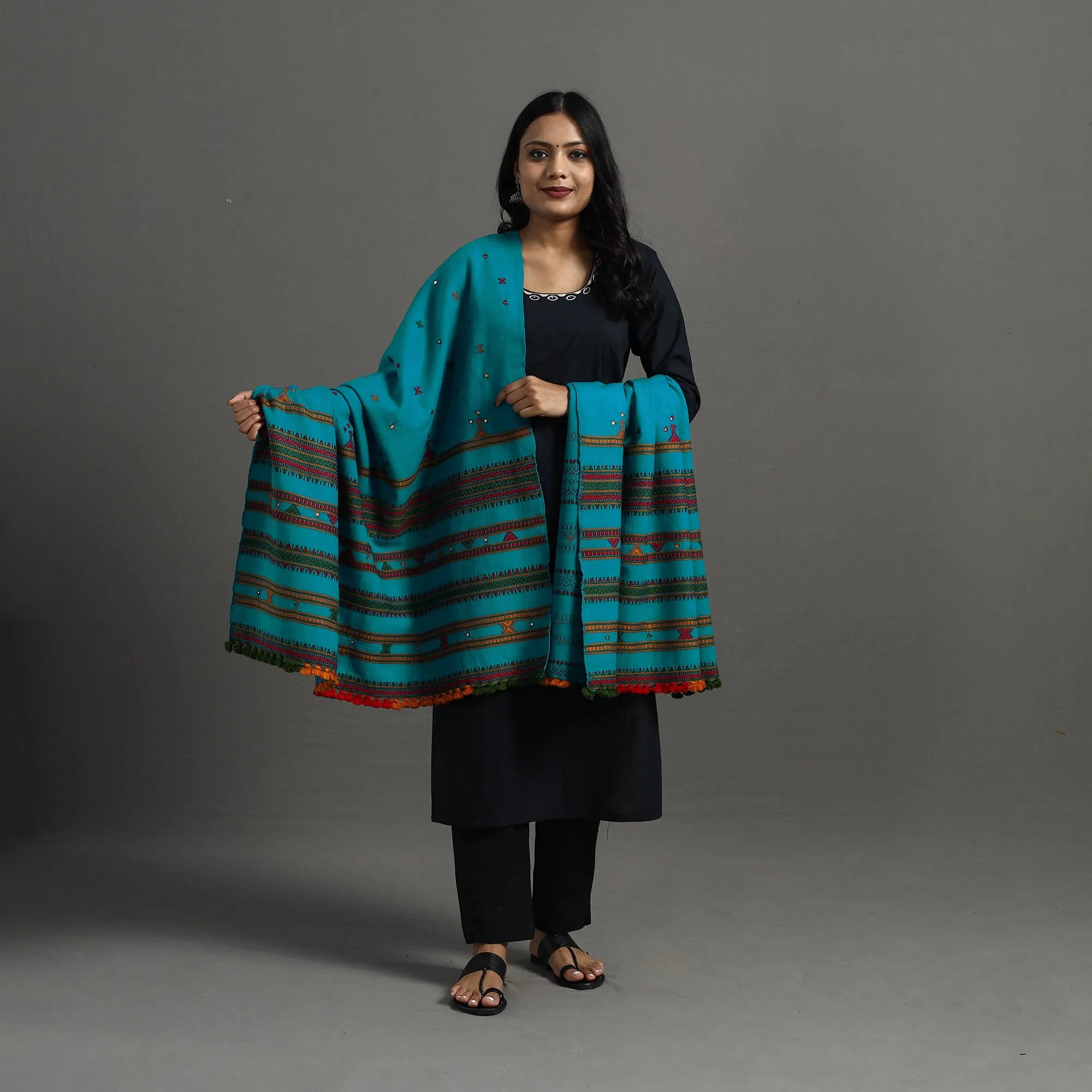 Blue - Kutch Handwoven Mirror Work Woollen Shawl 88