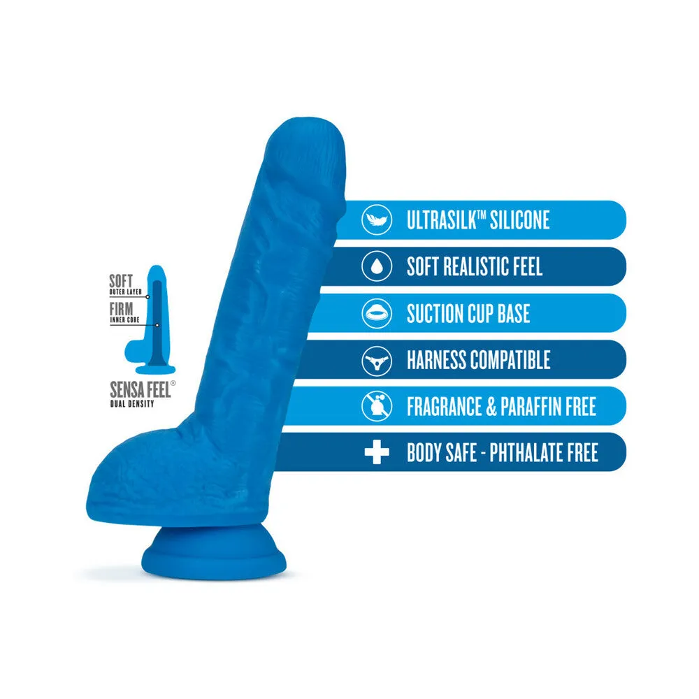 Blush Neo Elite 9 in. Silicone Dual Density Dildo with Balls & Suction Cup Neon Blue
