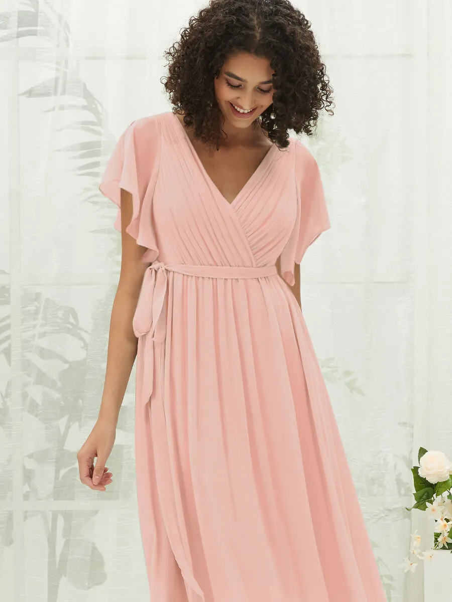 Blush Short Sleeves Floor Length Silky Chiffon Bridesmaid Dress