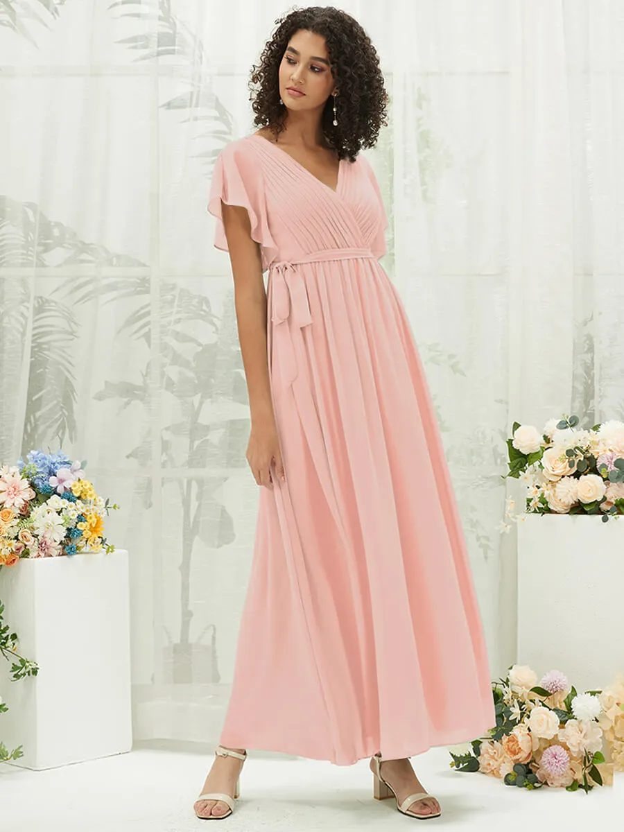 Blush Short Sleeves Floor Length Silky Chiffon Bridesmaid Dress