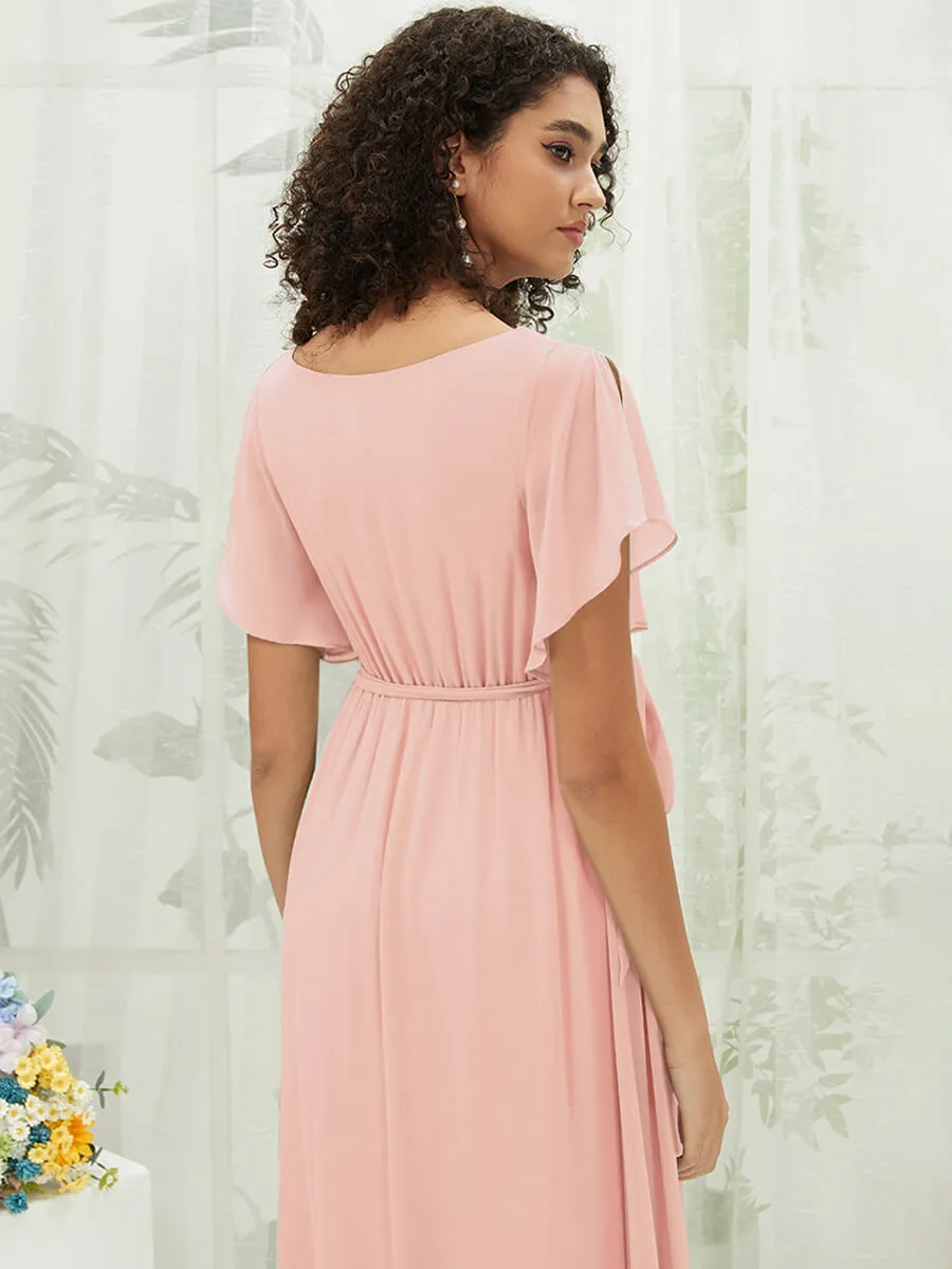 Blush Short Sleeves Floor Length Silky Chiffon Bridesmaid Dress