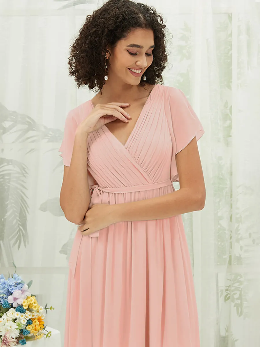 Blush Short Sleeves Floor Length Silky Chiffon Bridesmaid Dress