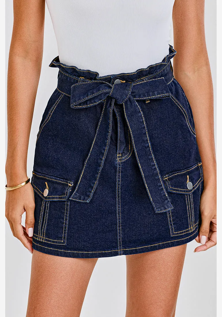 Dark Blue Women's High Waisted Denim Jean Skorts With Pocket Elastic PaperBag Waist Skorts