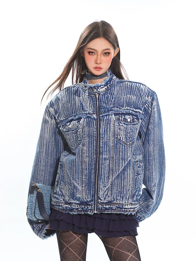 Distressed Trim Stripe-Washed Boxy Denim Jacket