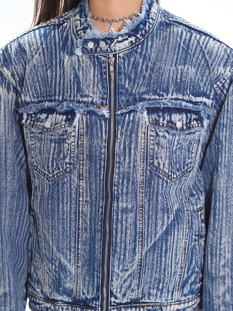 Distressed Trim Stripe-Washed Boxy Denim Jacket