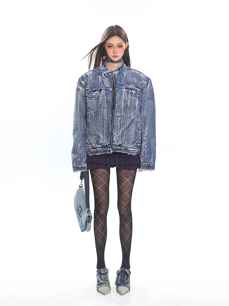 Distressed Trim Stripe-Washed Boxy Denim Jacket