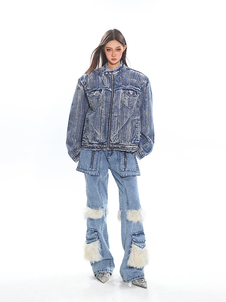 Distressed Trim Stripe-Washed Boxy Denim Jacket
