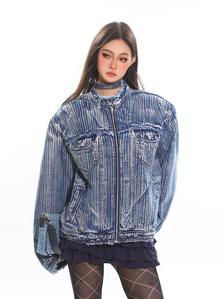 Distressed Trim Stripe-Washed Boxy Denim Jacket