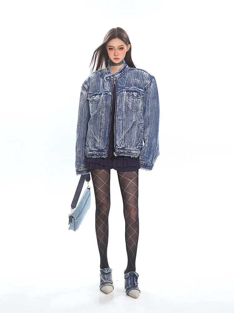 Distressed Trim Stripe-Washed Boxy Denim Jacket