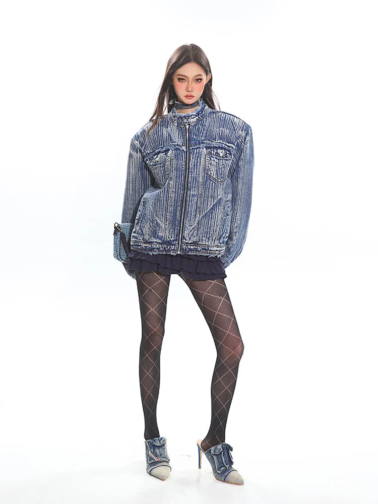 Distressed Trim Stripe-Washed Boxy Denim Jacket